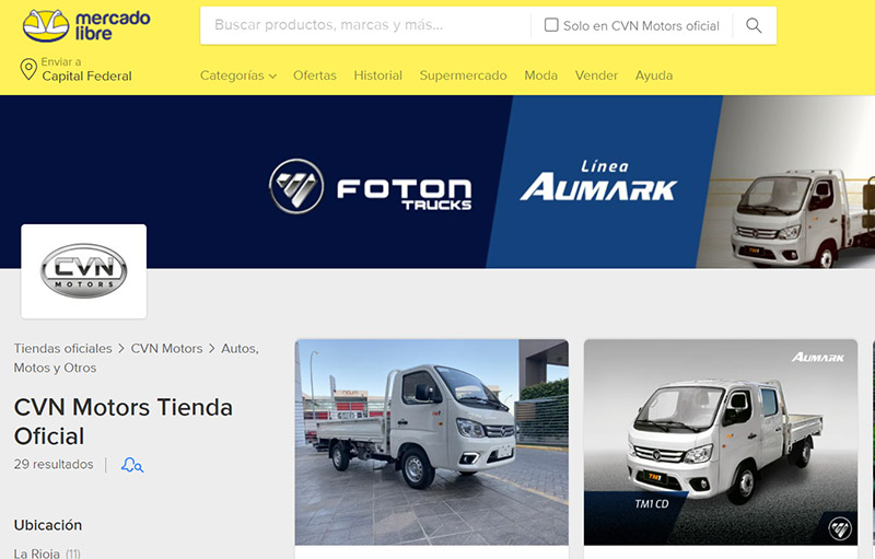 CVN Motors / Foton Trucks marcando tendencia en Mercado Libre